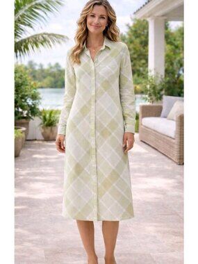 Vtg Womens 100% Linen Midi Shirt Dress Long Sleeve Plaid Preppy Casual Size 10